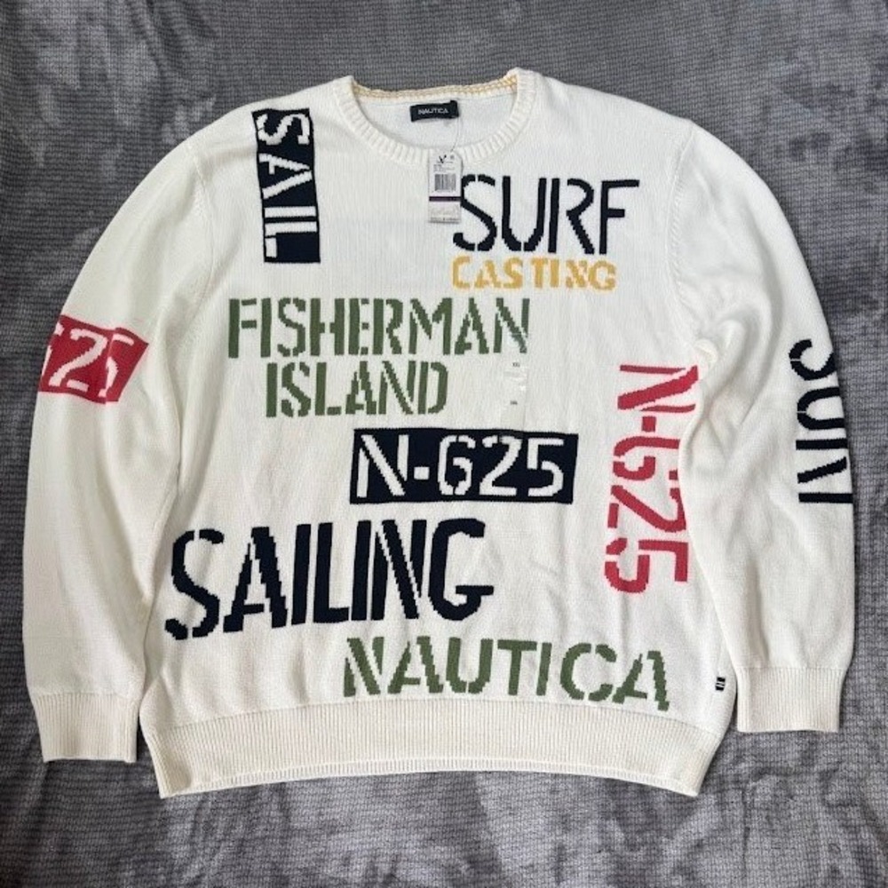 Nautica White Crewneck Sweater with Navy, Olive & Red Graphics